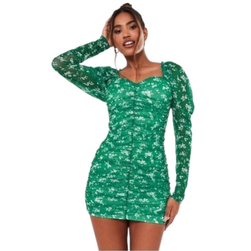 Missguided Green Floral Mesh Ruched Long Sleeve Mini Dress